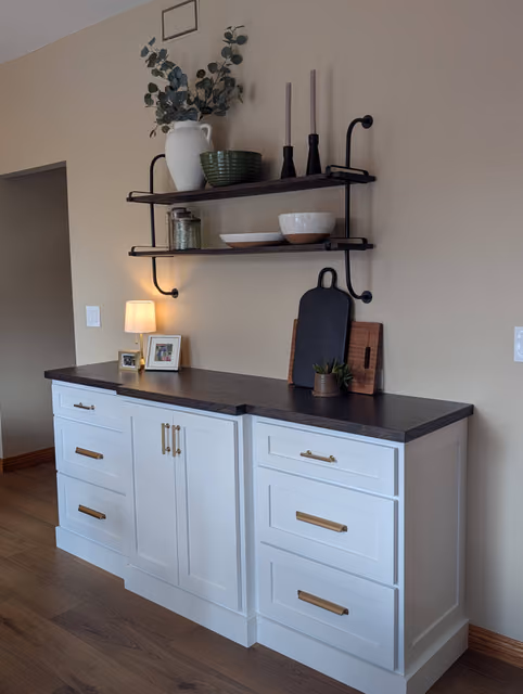 Celebration dining room with a custom-built hutch, storage and serving space, designed to tie in with the existing kitchen cabinetry